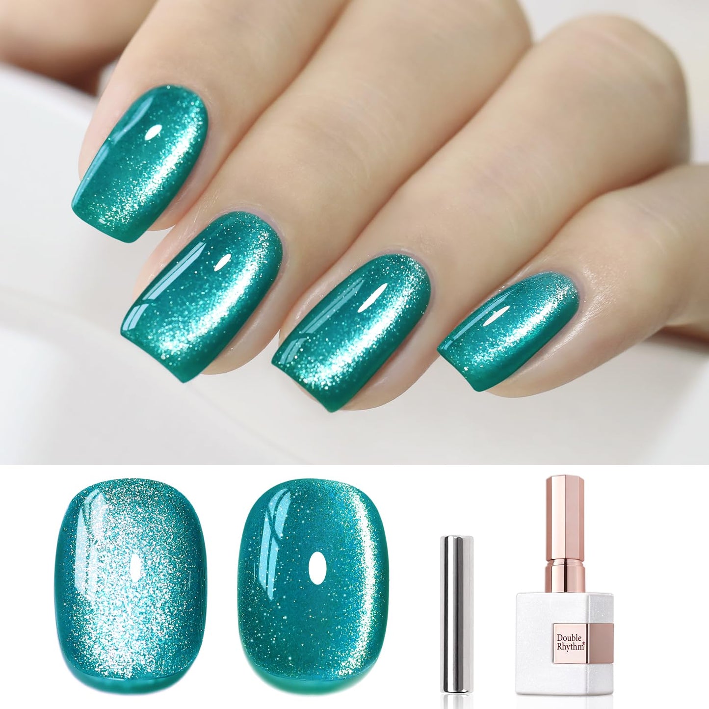 Double Rhythm 0.5 OZ Cat Eye Gel Polish with Magnet 15ML Holographic Glitter Shimmer Translucent Jelly Color Magnetic Gel Polish Salon DIY at Home (Teal-MC1027)