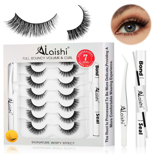 Wispy False Eyelashes Kit With Bond, Seal and Tweezer, 7 Pairs Natural Look Fake Cat Eye Lashes Strips Thin Band Extensions Waterproof Easy Eyelashes for Beginners RQ45