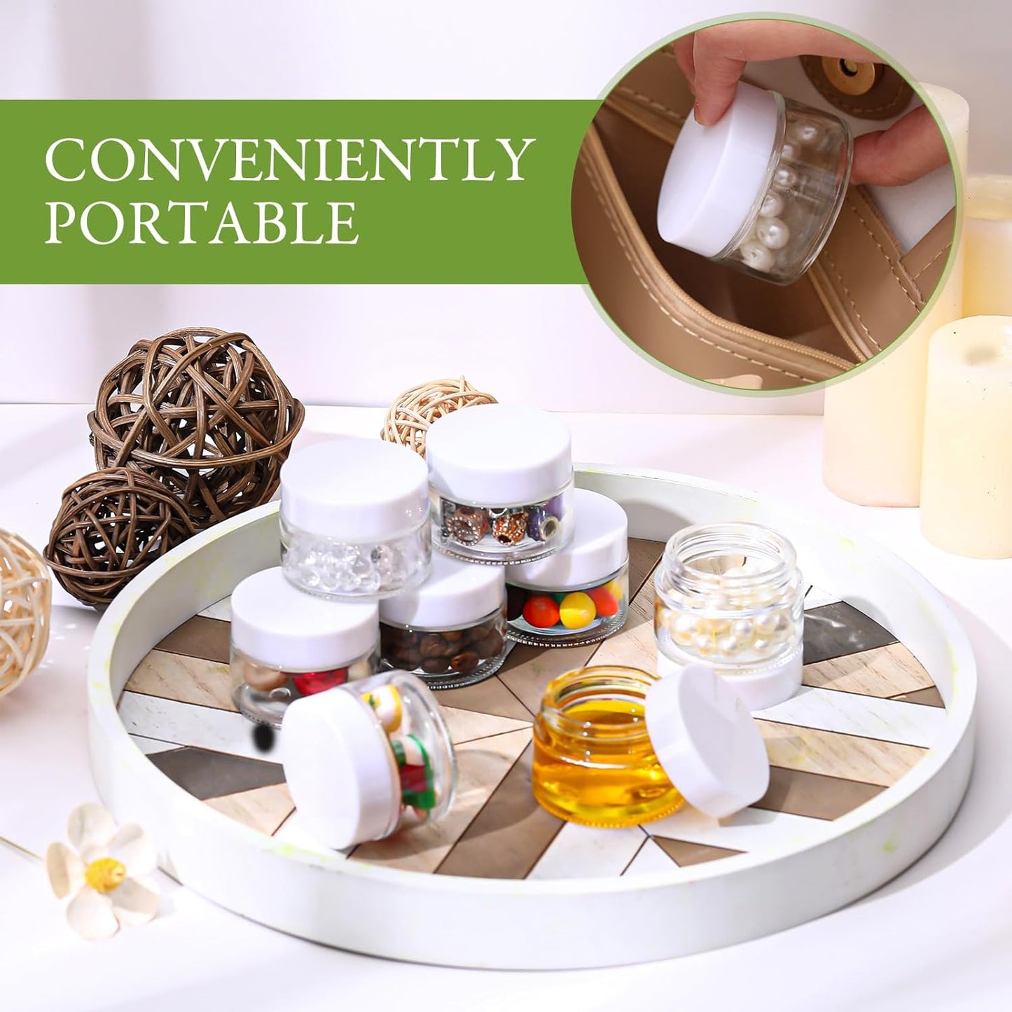 Domensi 100 Pcs 1 oz Glass Jars with Lids Bulk Round Glass Cosmetic Jars Lids 1 oz Small Travel Containers with Inner Liner for Lotions Powders Ointments Sample Cream(Clear, White)