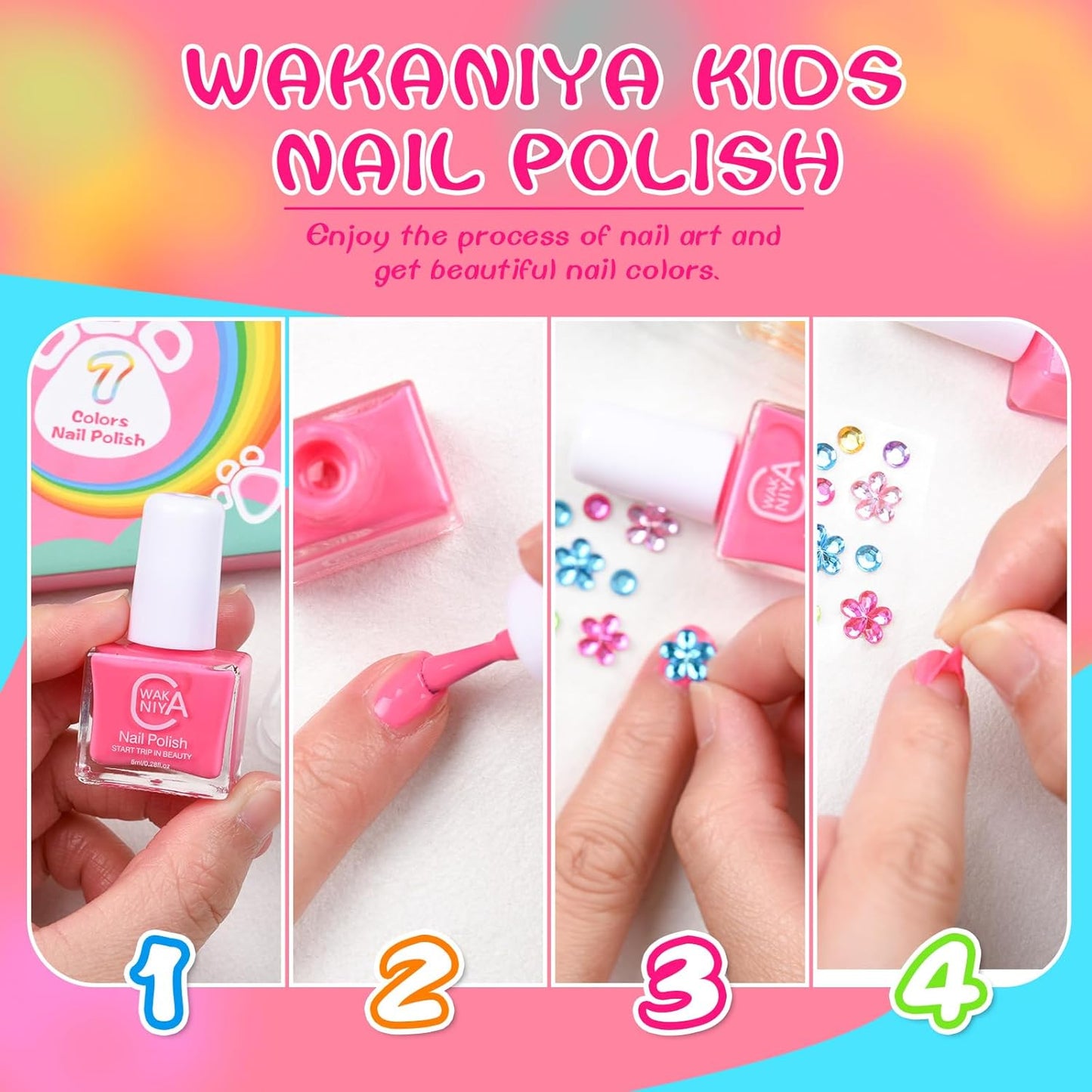 wakaniya Kids Non Toxic Nail Polish Set for Girls with Gems Nail Stickers, 7 Color Peel-Off Low Odor Nail Polish for Toddler