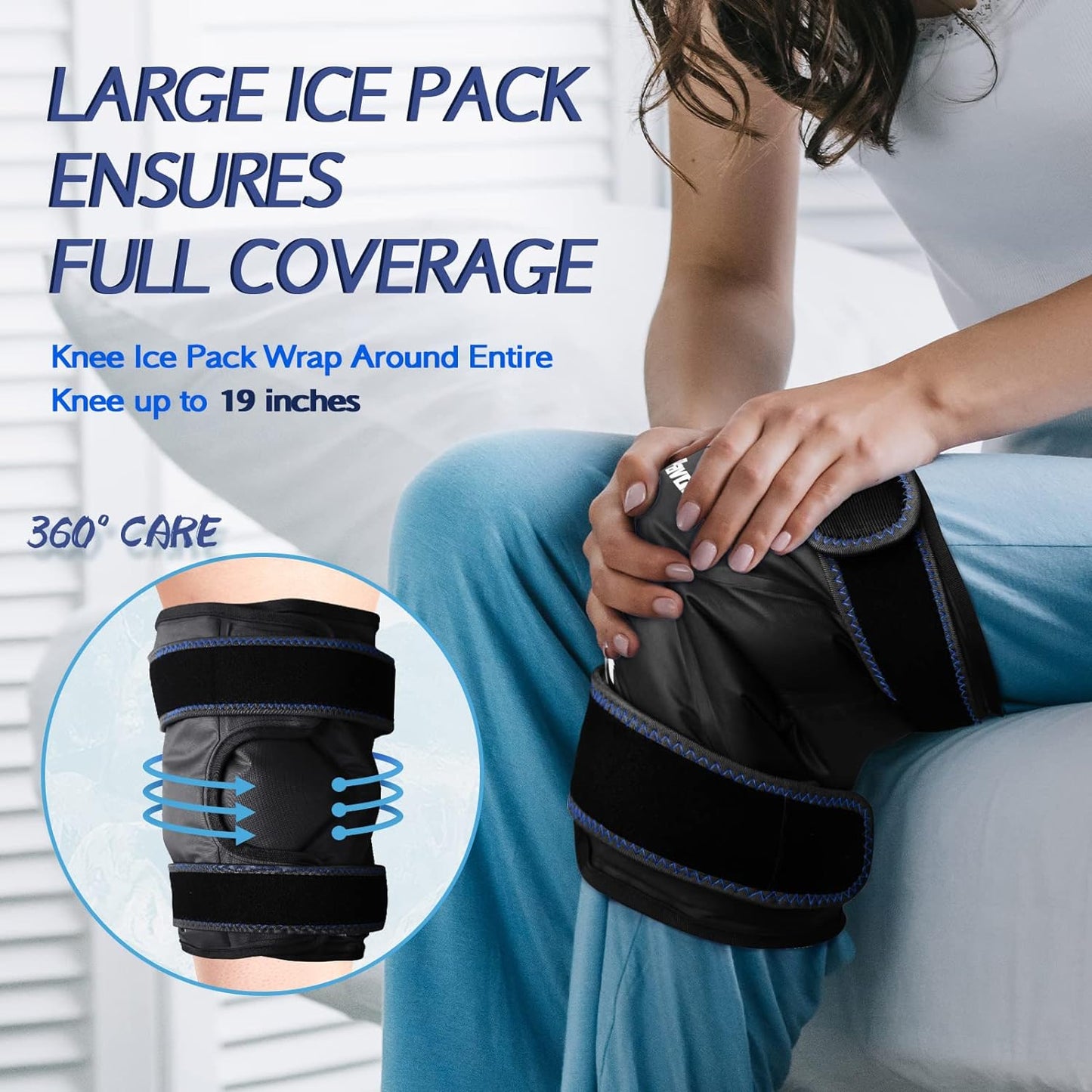 XXL Knee Ice Pack Wrap Around Entire Knee After Surgery, Reusable Gel Ice Pack for Injuries, Pain Relief, Swelling, Sports Injuries, 2 Pack (Black)