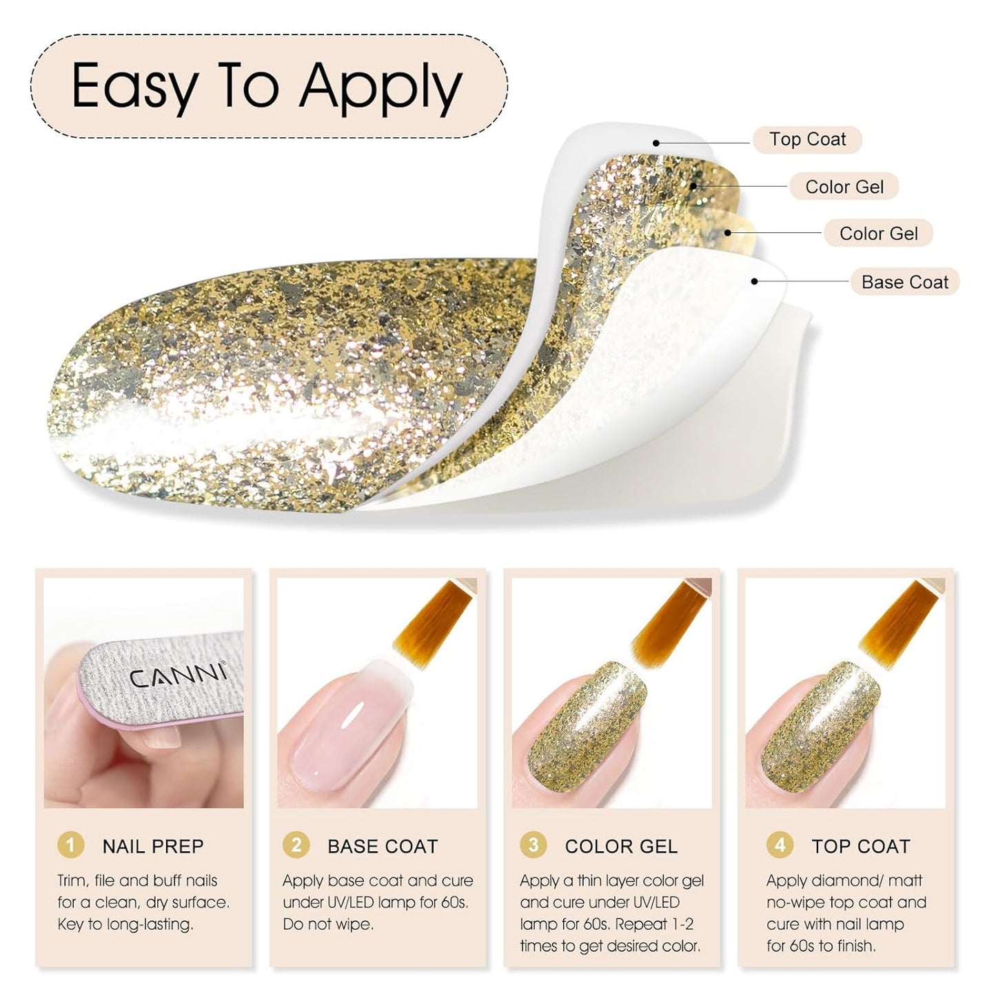 CANNI Gold Glitter Gel Polish – 9ML Chunky Sparkly Soak-Off UV/LED Nail Gel, Golden Flakes Finish for DIY Manicure, French Tips, or Salon Use