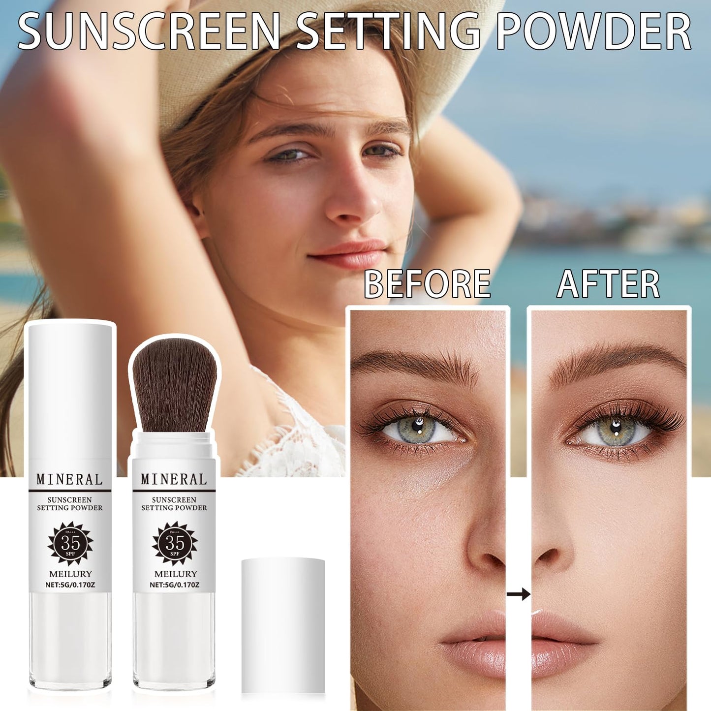 Sunscreen Setting Powder SPF 35, Mineral Brush Powder for Face & Scalp, Oil Control Natural Matte Finish Loose Powder Translucent Lasting Lightweight Breathable for All Skin (03# White)