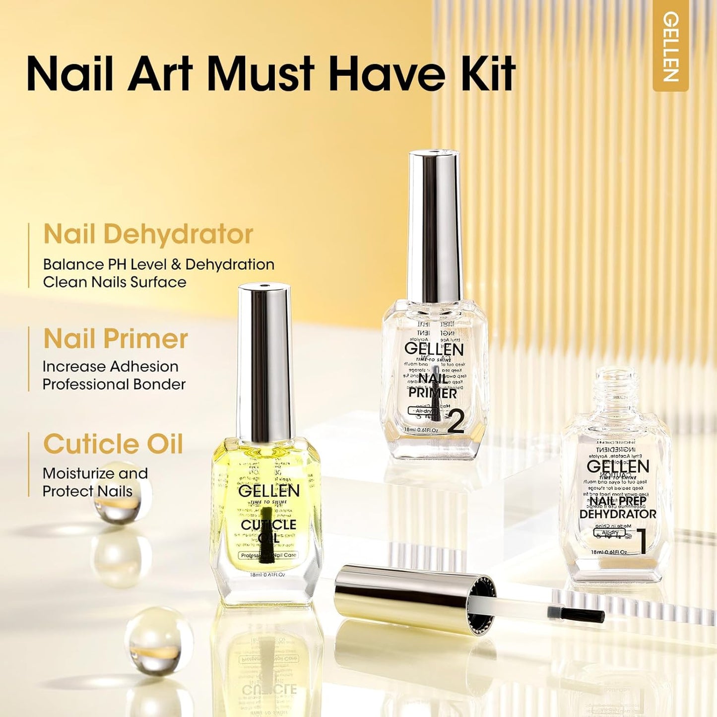 Gellen Nail Dehydrator, Primer, and Cuticle Oil 18ML - Hema-Free Acid-Free Nail Prep Base Varnish Manicure Bonder Liquid for Gel Polish Acrylic Salon Essential Gift