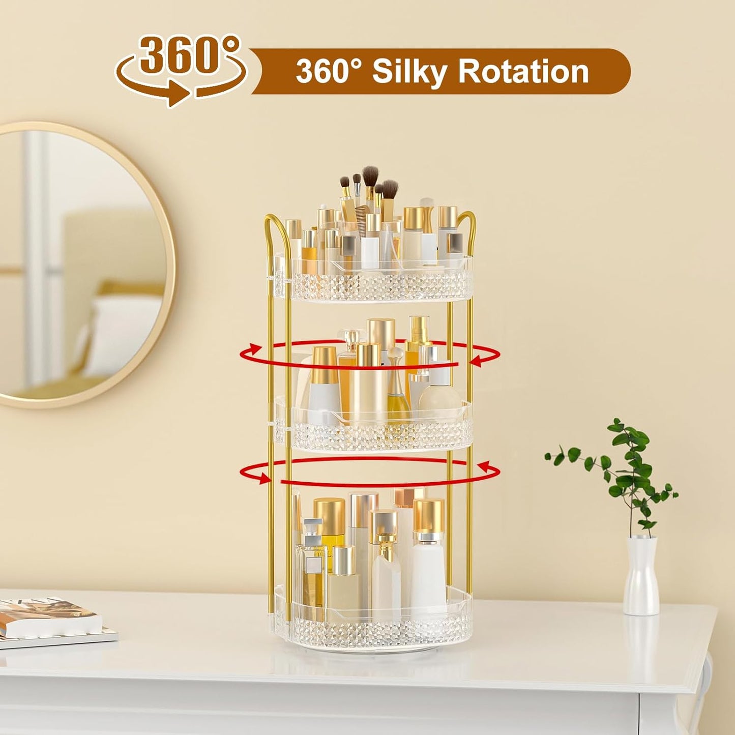 Rotating Makeup Organizer for Vanity 3 Tier, Perfume Organizer with Makeup Brush Holder, Large Capacity Cosmetics Clear Skincare Organizer for Countertop (Transparent)