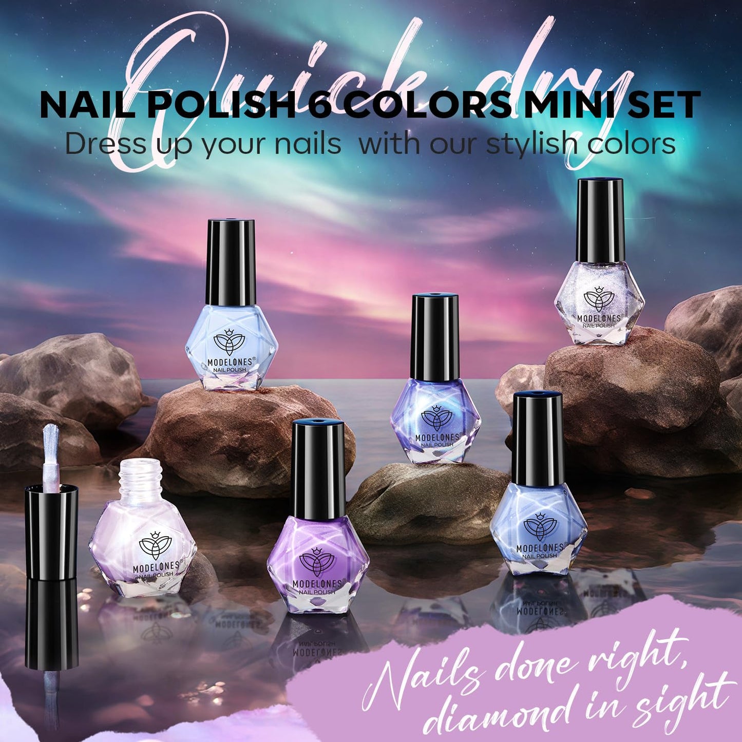 modelones Nail Polish Set, 6 Colors 2025 Baby Blue Purple Nail Polish Set Shimmer Glitter Sliver Fast Drying Mini Nail Lacquer Kit Finger Manicure DIY Nail Art Home Salon Gift for Women Girl