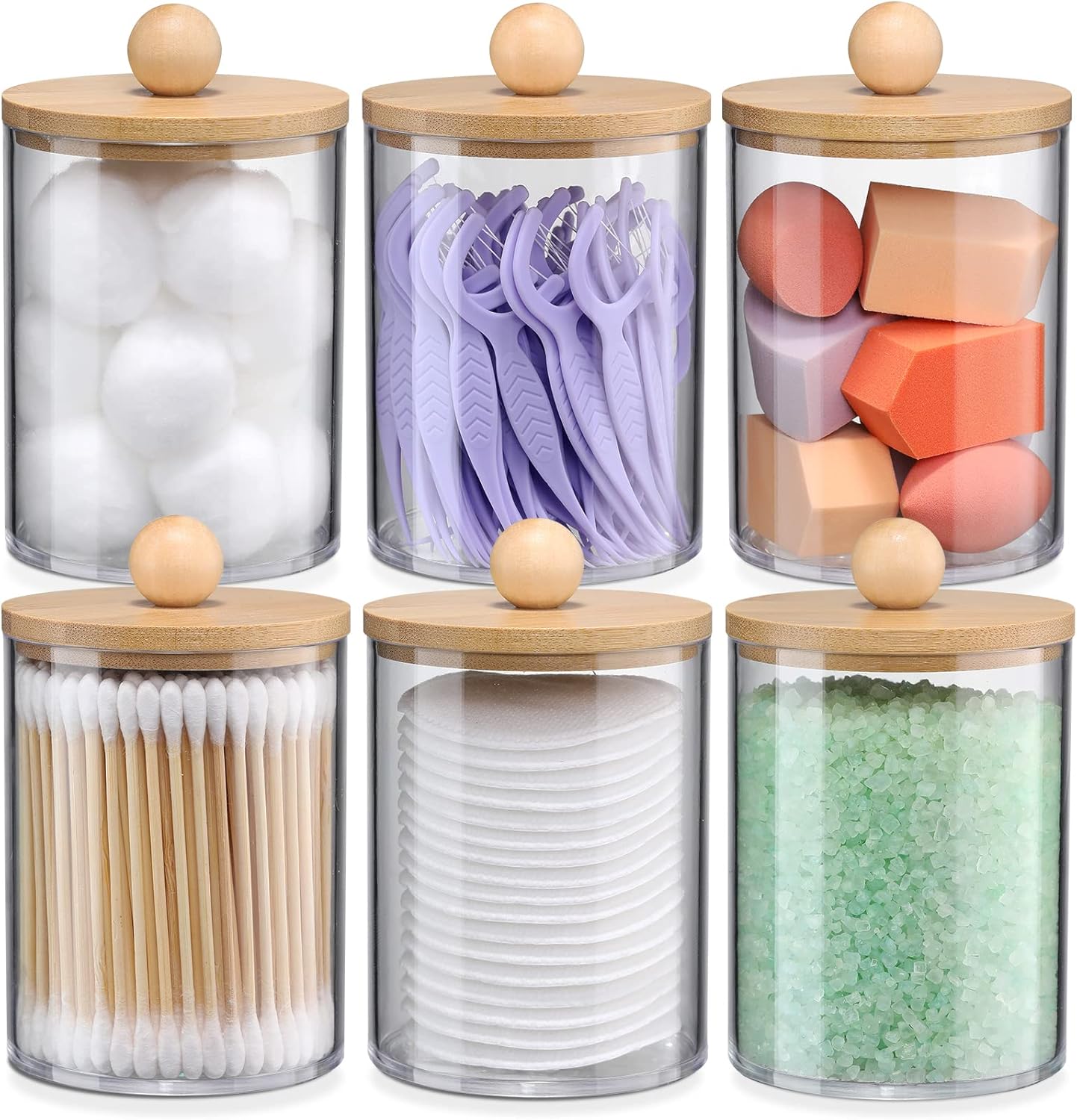 6-Pack Bamboo Qtip Holders - Bathroom Storage for Cotton Balls, Swabs, Pads, Floss