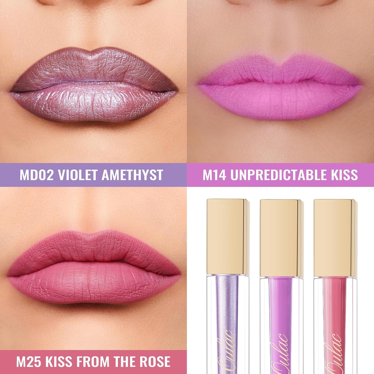 Oulac Matte Lipstick Metallic Lipstick Set for Women, Long Lasting Dual-UseLiquid Lipstick High Impact Lip Color Full Coverage Lip Makeup with Vitamin E Waterproof Formula,Vegan M14+M25+MD02