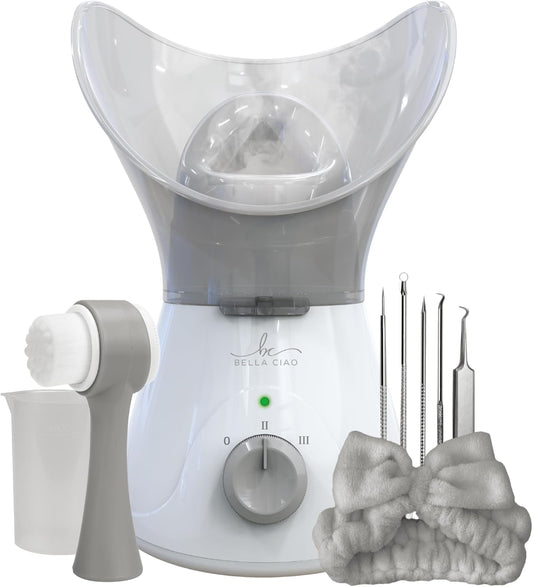 Bella Ciao 11-Piece Gentle Face Steamer Set with 2 Settings, At-Home Facial Spa Kit with Accessories, Facial Essentials, Includes Cleansing Brush and Blackhead-Remover Tools for Deep Pore Cleaning