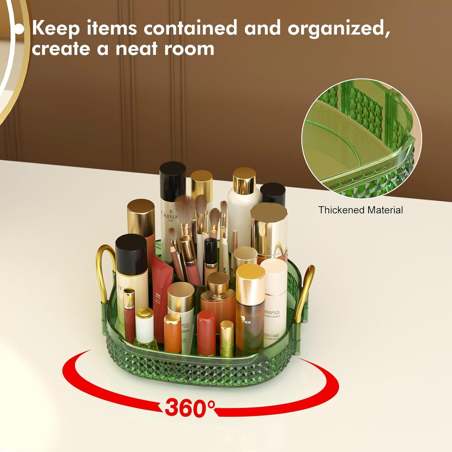 Awenia Rotating Makeup Organizer 360, Stackable Adjustable Large Capacity Cosmetic Storage Unit,Dresser Bathroom Kitchen Countertop Organizer with Metal Handle, Plus Size (Gem Green, 1 Tier)