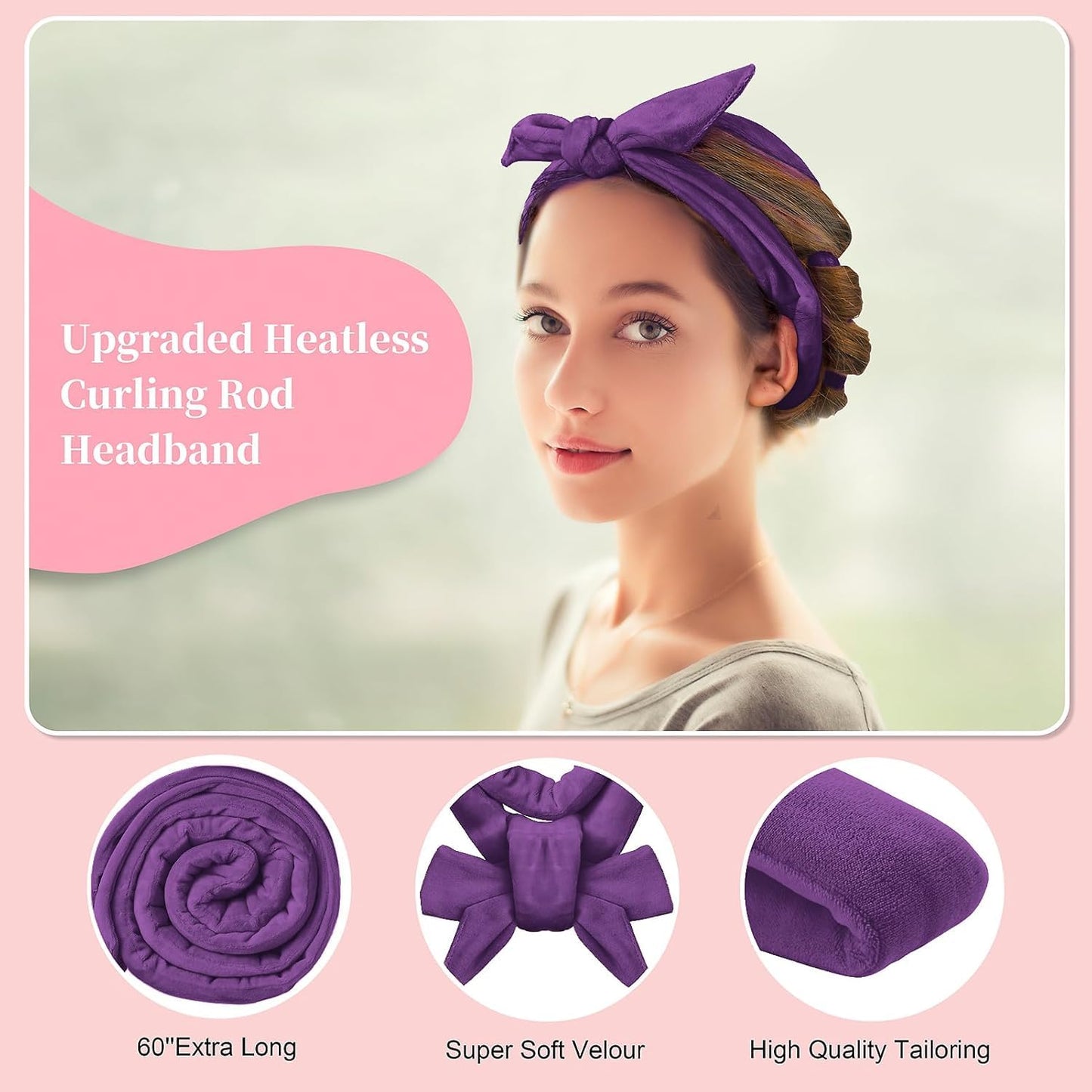 Heatless Curling Rod Headband, Upgraded 60" Extra Long Heatless Curls Headband Soft Hair Curlers to Sleep In Hair Rollers No Heat Curls (Light Purple)
