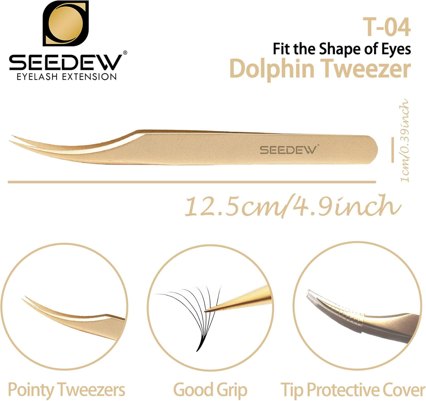Tweezer Eyelash Extensions 1 PCS Stainless Steel Curved Pointy Dolphin Tweezer Isolation Professional Precision Supplies False Lash Application Tools for Lash Tech, Lash Artist Beginner(Golden)