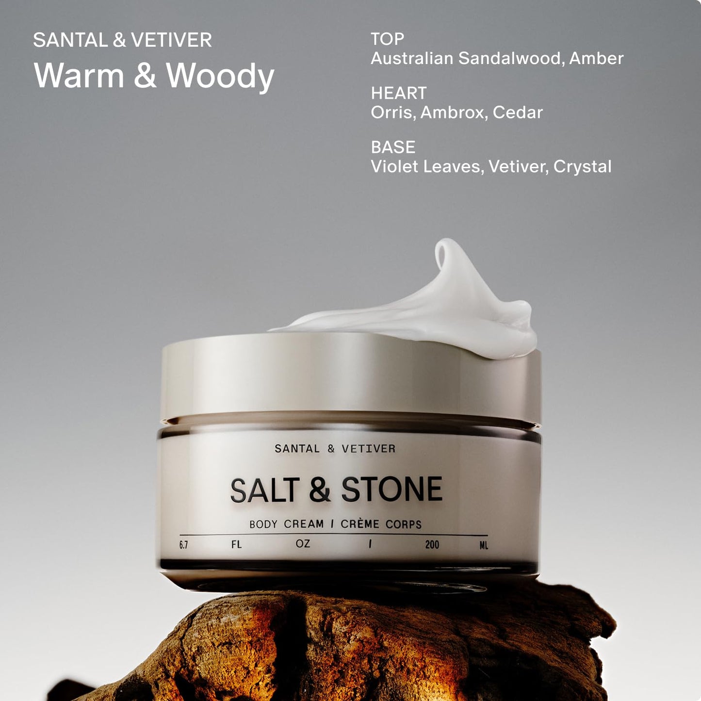 Salt & Stone Body Cream – Santal & Vetiver | Hydrating Formula with Seaweed Extracts, Spirulina & Squalane | Deep Hydration, Skin Barrier Support & Healthy Glow | for all Skin Types (6.7 fl oz)