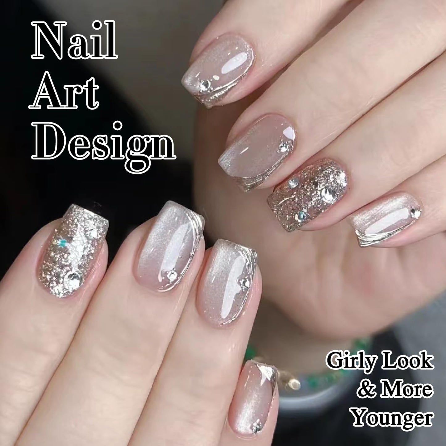 Double Rhythm Cat Eye Gel Polish Set 6 Colors Shimmer Glitter with Magnet Holographic Reflective Magnetic UV Gel Polish Art Kit (Glass Jelly Nude Pink 6-Kit 35)