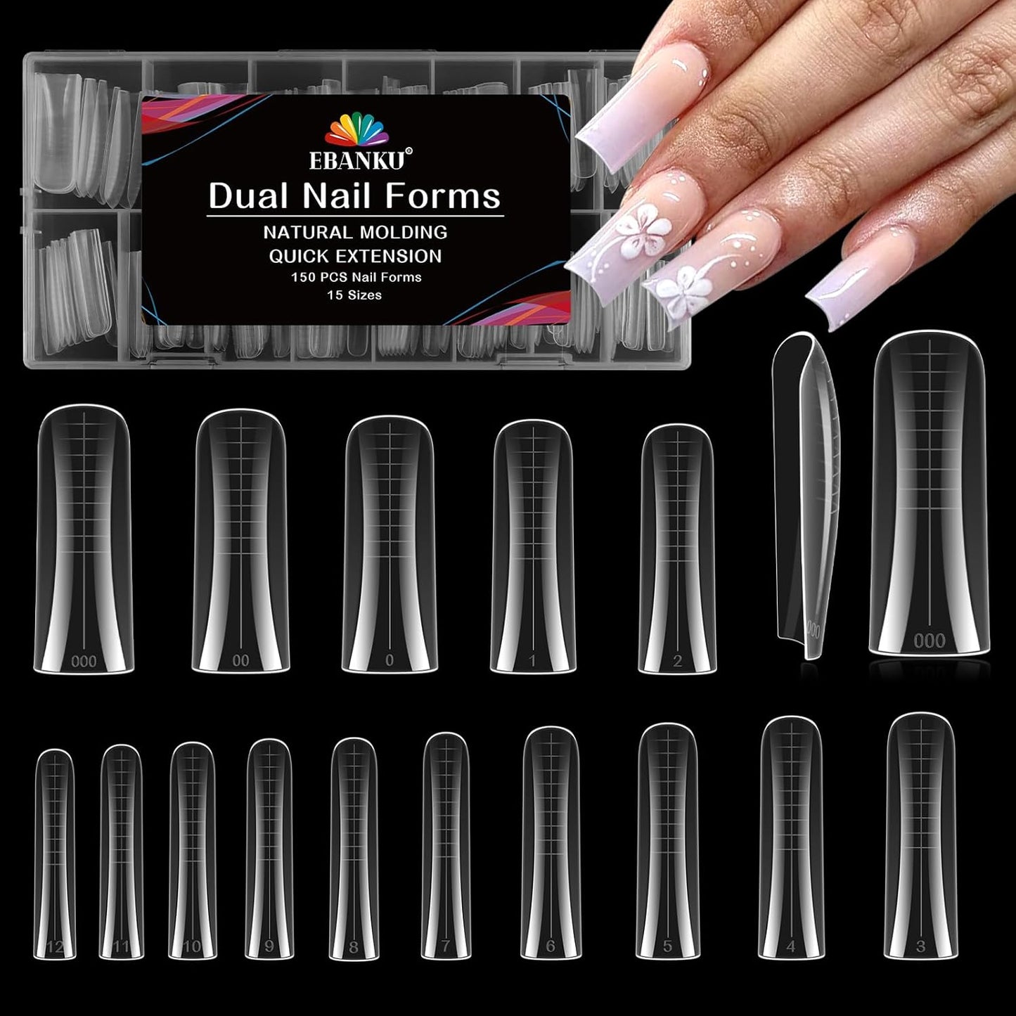 EBANKU Dual Nail Forms for Poly Extension Gel, 150 PCS Duck Nail Molds Reusable 15 Sizes Nail Extension Forms for Builder Gel Manicure Design Salon DIY
