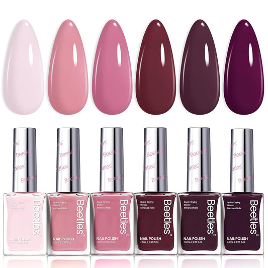 Beetles Nail Polish Set - Twilight Rose 6 Colors Quick Dry Baby Pink Burgundy Red Purple Plum High-Gloss Long-Lasting Nail Polish for DIY At-Home Manicure Fall Gift for Women