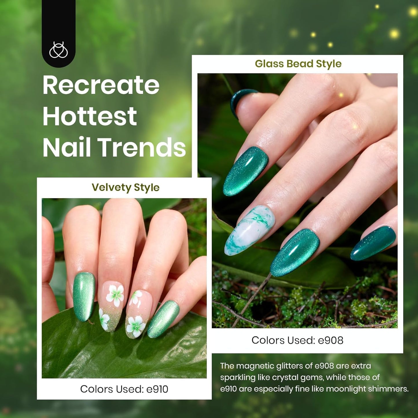 beetles Gel Polish Christmas Green Gel Nail Polish Set Cat Eye Jelly with Color Swatch Dots Magnet 6 Color Glitter Enchanted Forest Theme for Salon Manicure Nail Art DIY at Home Gift for Women Girls