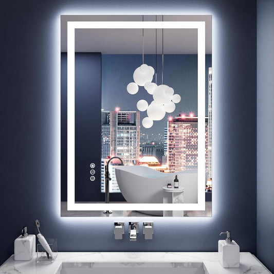 Amorho LED Mirror for Bathroom 24X36 Inch with Backlight and Front Lit, Fogless Mirror for Wall Mounted, Dimmable, 3 Colors, Memory