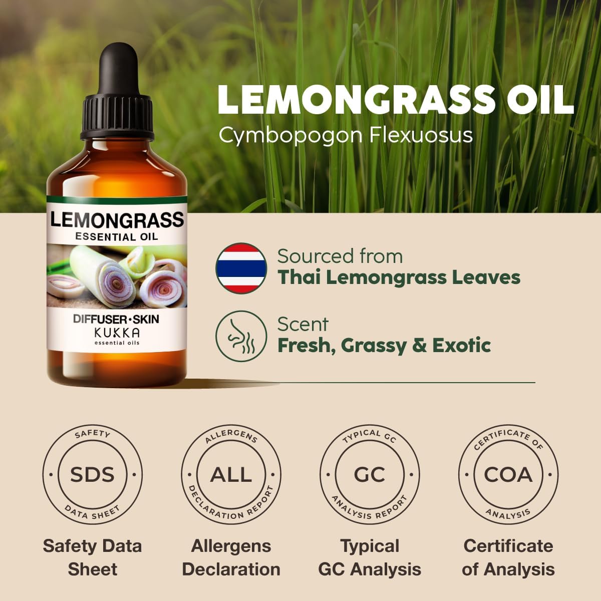 Kukka Lemongrass Essential Oil for Skin, Diffuser & Hair - 4 Fl Oz - Cleansing & Nourishing, Herbaceous Scent for Aromatherapy, DIY Soap Making Scents