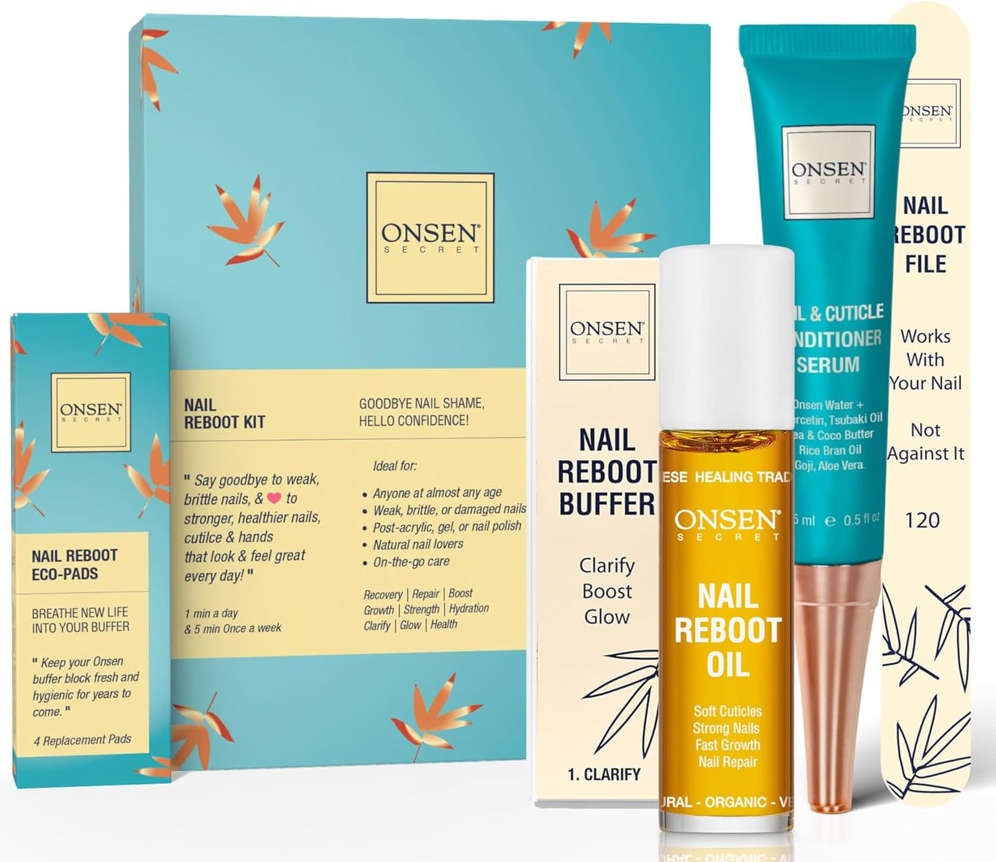 Onsen Secret Complete Nail Reboot Kit w/Nail Reboot Oil 10ml, Nail File 120/180 Grit Double Sided, A 3-Way Nail Buffer Block & Cuticle Serum-15ml w/Cuticle Oil in Action-Super Value Pack