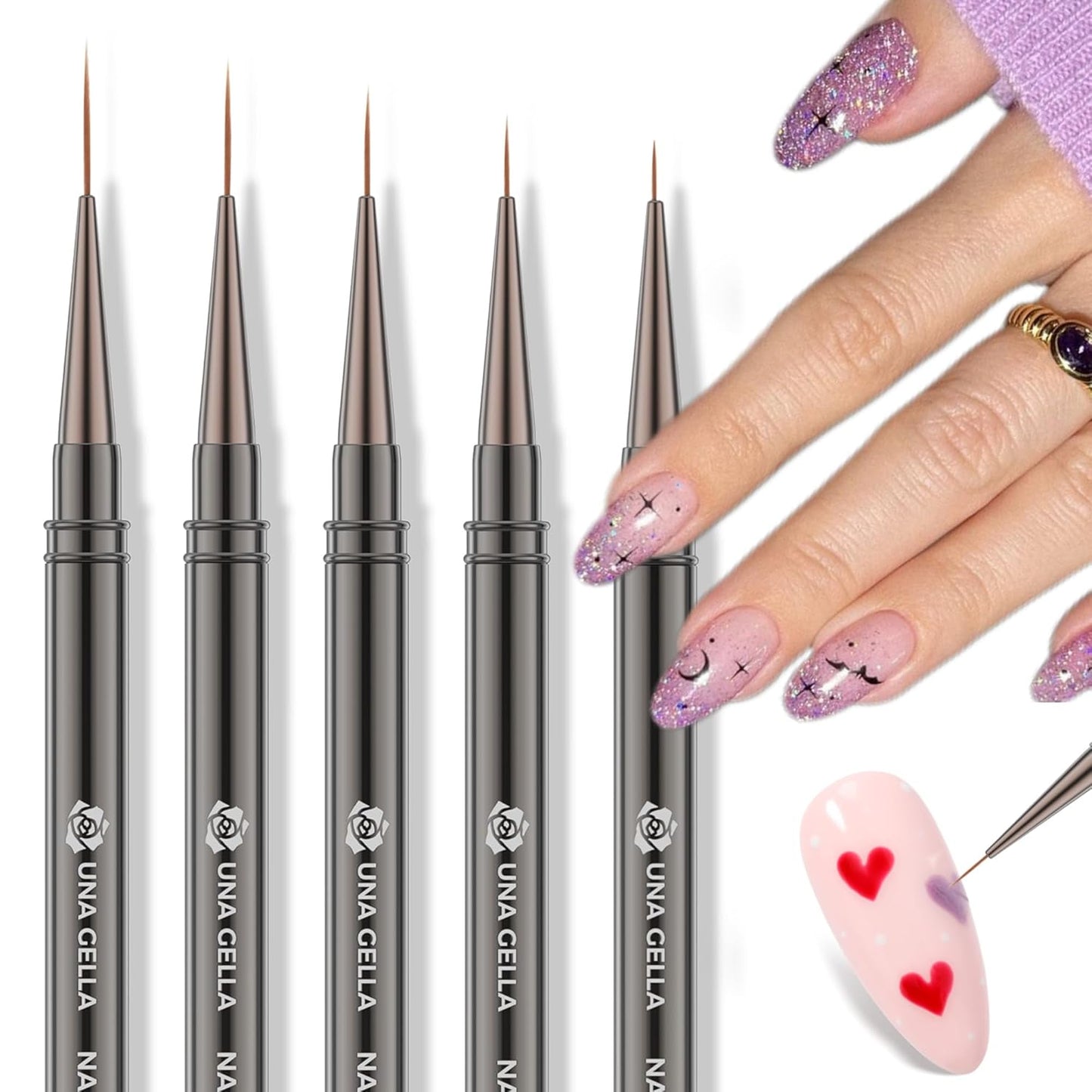 UNA GELLA Nail Art Brushes Metallic, Liner Pens 5Pcs Set For Nail Art Gel Polish, Gray Color, Detail Nail Art Design Painting Brush Set For Nails Gel Fine Drawing Nail Tools, 6/9/11/15/18mm Sizes