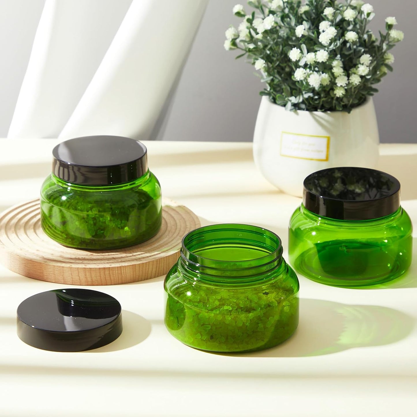 Tessco 24 Pack Plastic Jars with Lids Labels Empty Clear Plastic Jars Round Refillable Cosmetic Containers Body Butter Containers Bulk Sugar Scrub Bottle for Make Up(8 oz,Green, Black)