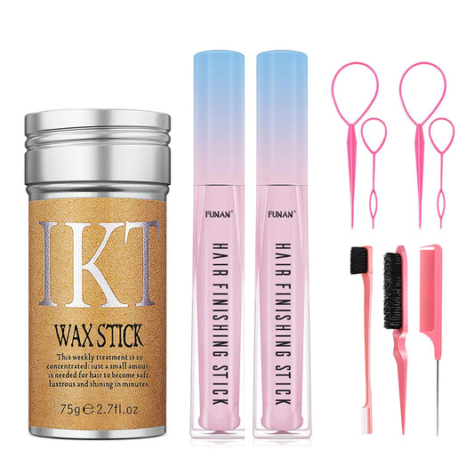 Hair Wax Stick Set for Flyaways, Slick Back Hair Finishing Tool Kit - Edge Brush Rat Tail Comb Set, Topsy Tail Tool - 10 Pcs