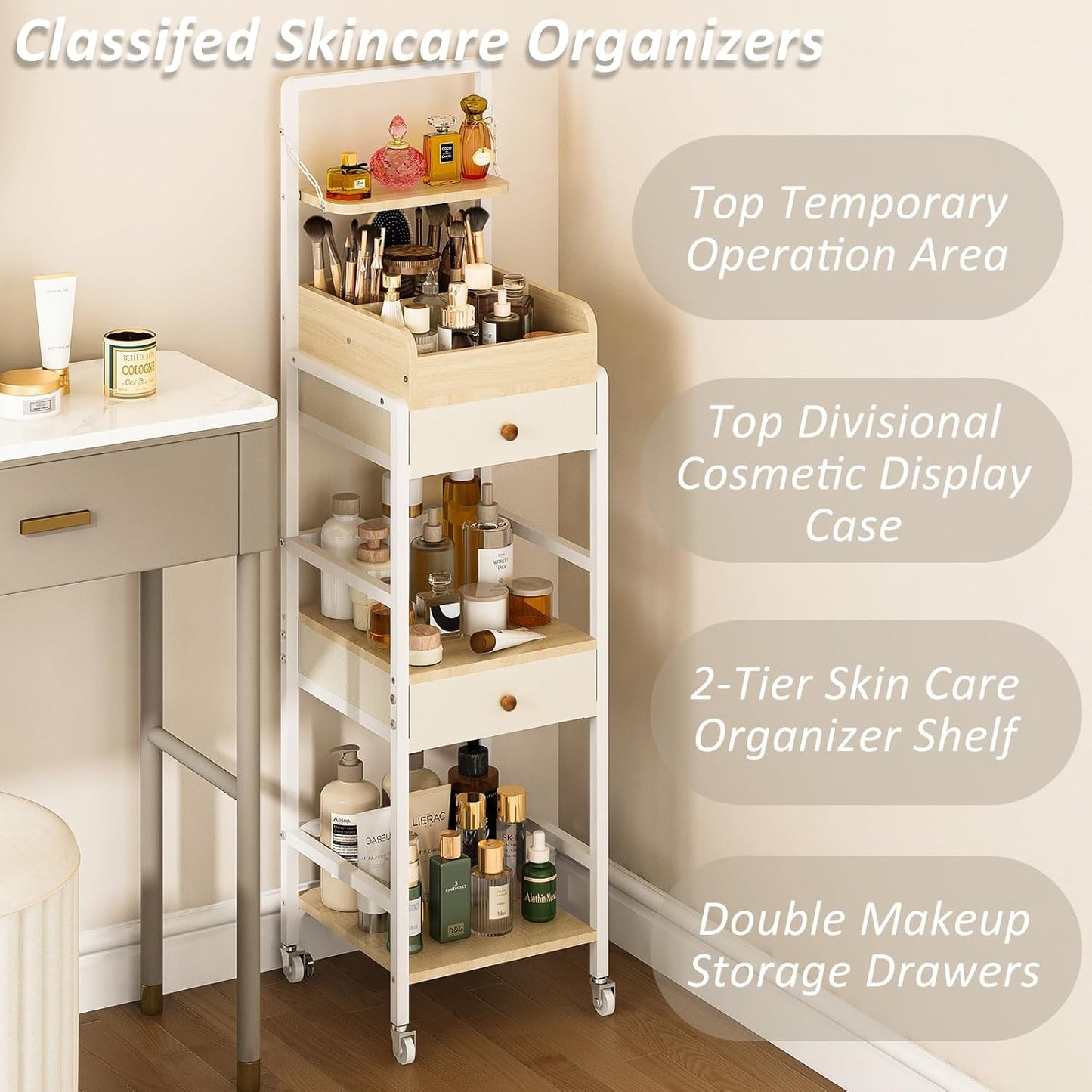 Wisdom Star Makeup Organizer Cart with 2 Drawers, Floor Skincare Organizers, Makeup Storage, Vanity Organizer, Cosmetics Display, Versatile Skin care Perfume Nail Polish Storage Rack for Bathroom
