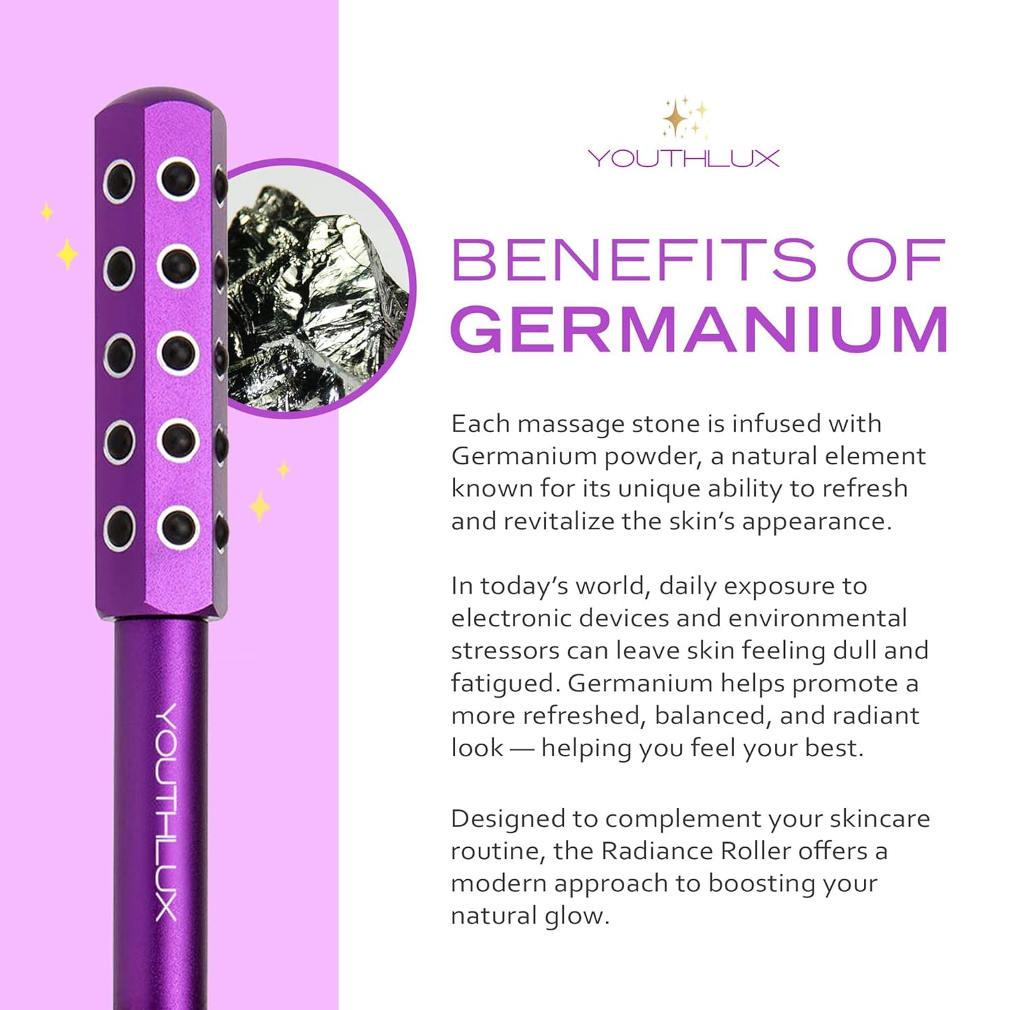 Radiance Roller – Germanium Stone Facial Massage Tool for Lifting, Sculpting, De-Puffing, Glow Boost, Energizing & Cooling Effect (Purple)