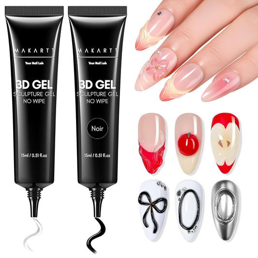 Makartt 3D Gel Nail Art Set – Clear & Noir Sculpting Gel for DIY Embossed Nail Designs – No Wipe Easy-Squeeze Tube Nail Glue for 3D Drawing, Molding, Rhinestones & Decoration (2 x 15g)