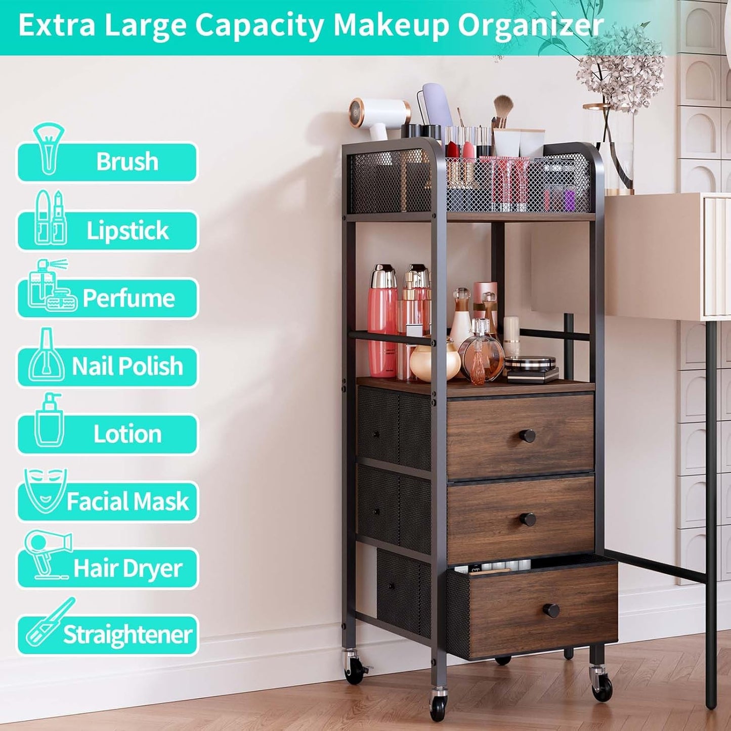 HapiRm Rolling Makeup Cart Organizer - Floor Skincare Make Up Storage with 3 Drawers, Vanity Organizer Cosmetic Display Cases Holder for Skin Care Perfume Nail Polish Brush Hair Tool