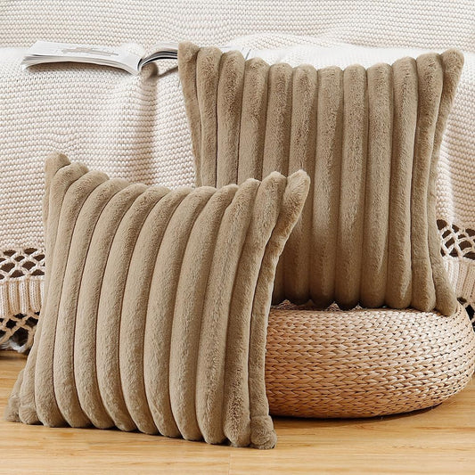 MADIZZ Set of 2 Faux Wool Plush Decorative Throw Pillow Covers 20x20 Inch Brown Fluffy Striped Soft Decorative Cushion Cover for Sofa Bedroom Pillow Shell