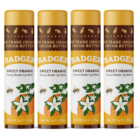 Badger Sweet Orange Cocoa Butter Lip Balm, 100% Organic Lip Balm, Hydrating Long Lasting Lip Moisturizer, Large Stick Lip Care, 4-pack