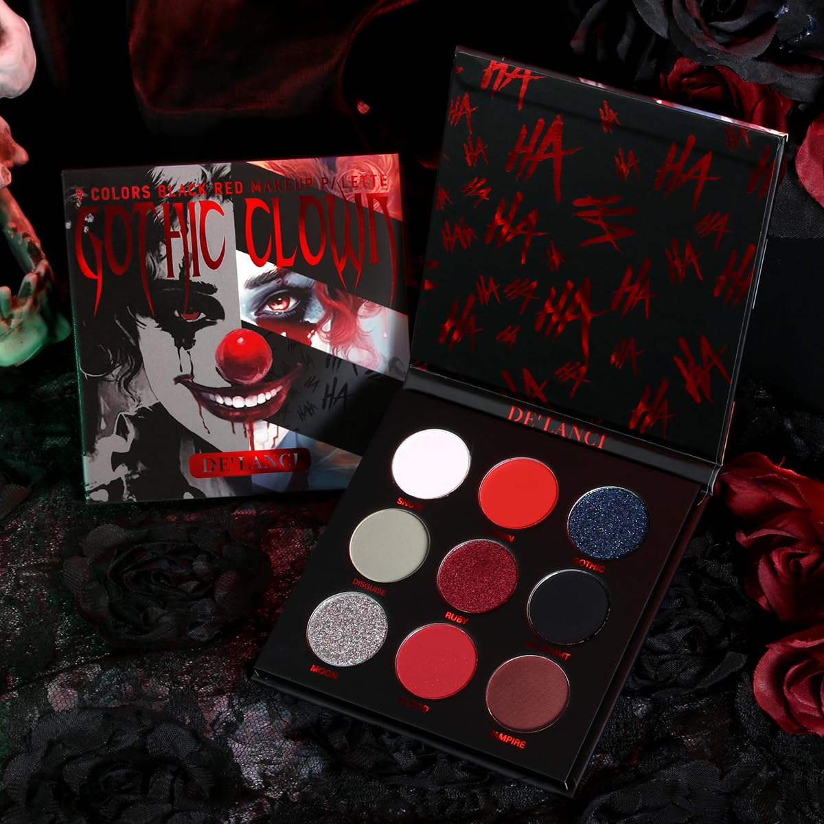 ecofavor Red Goth Eyeshadow Palette - 9 Colors True Hot Red Black Eye Shadows | Halloween Glitters Makeup | Matte Shimmer High Pigmentation | Clown Vampire SFX Halloween Christmas Palette