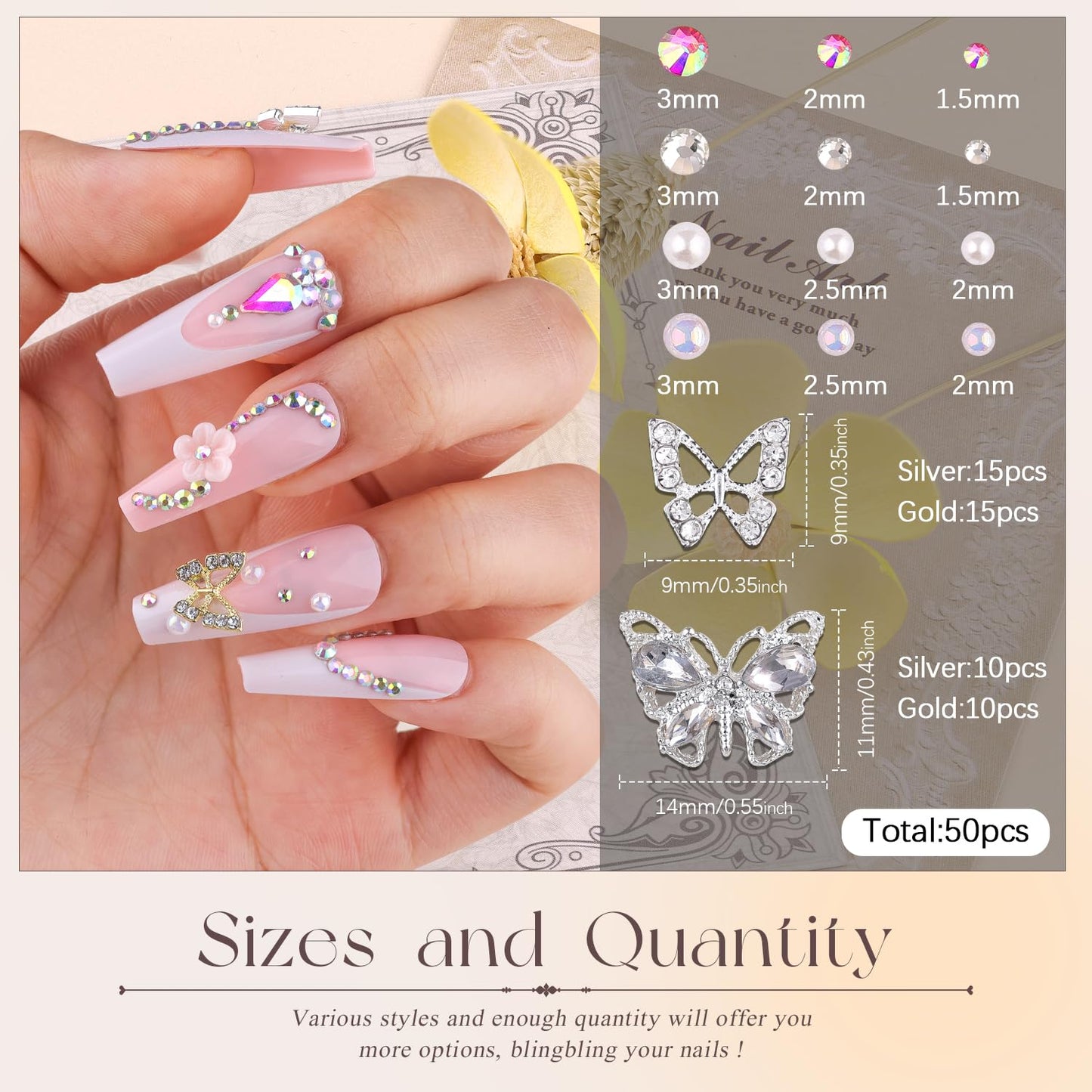 50Pcs 2 Styles 3D Butterfly Nail Charms and Flatback Gems Pearl, Silver+Gold Shiny Luxury Gems, Crystal Jewels Studs with Rhinestones for Nail Design, Nail Art Decoration Set for Acrylic Nails