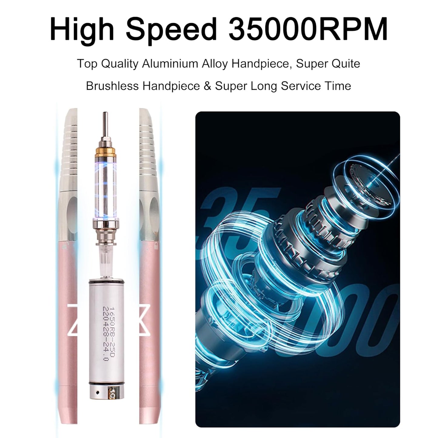 M Max - Nail Drill Professional - 2-in-1 Brushless Motor Nails Drill Machine - Electric, Cordless, Aluminium Alloy Casing, 35000 RPM, HD Display - Perfect for Salon & Home Use (White)