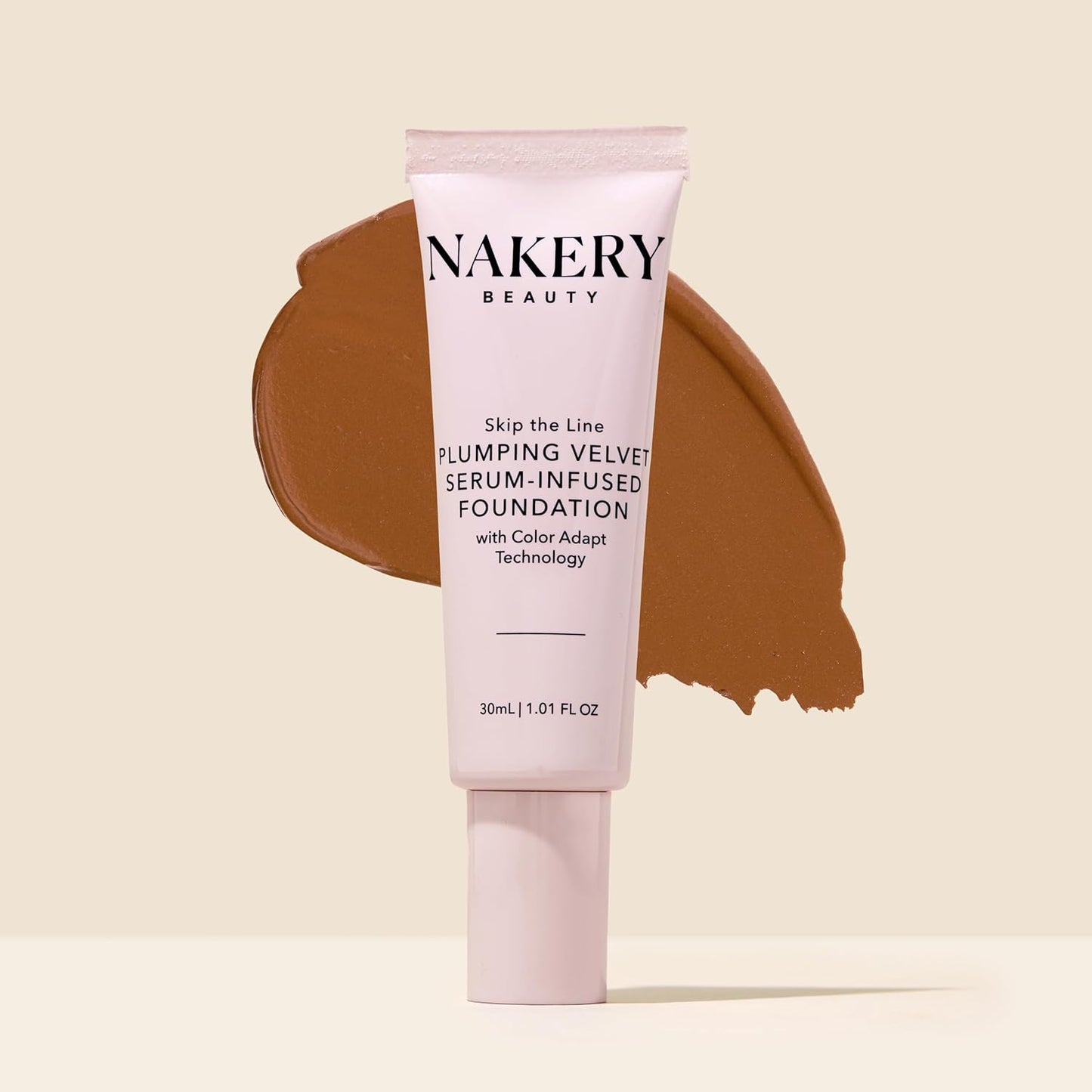 Nakery Skip the Line Full Coverage Foundation for Women - Plumping Velvet Womens Foundation Makeup Matte Finish - Age Defying Foundation - Moisturizing Foundation with Smart Color Adapt - Medium Deep