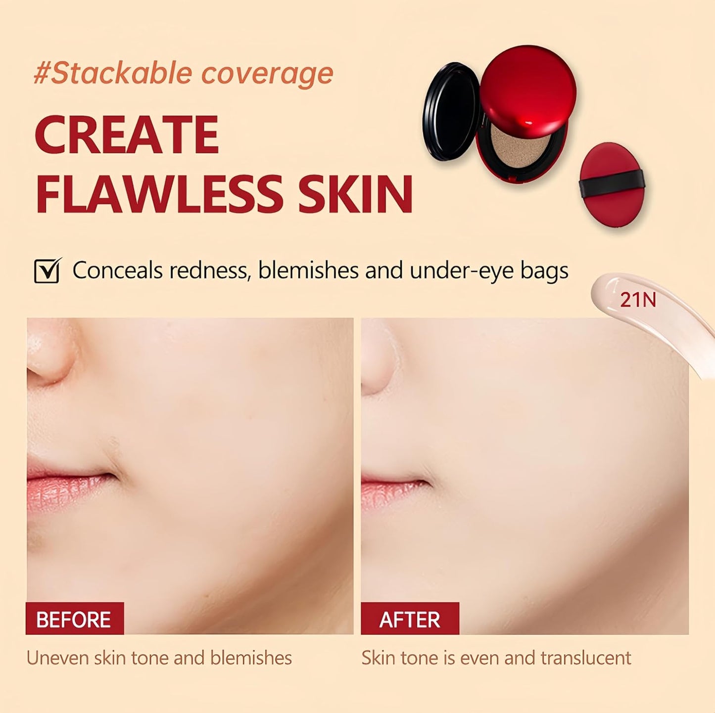 MAEPEOR Cushion Foundation 9 Colors Full Coverage Weightless Satin Glow Foundation Hydrating Long-Lasting Cushion BB Cream (Color 06)