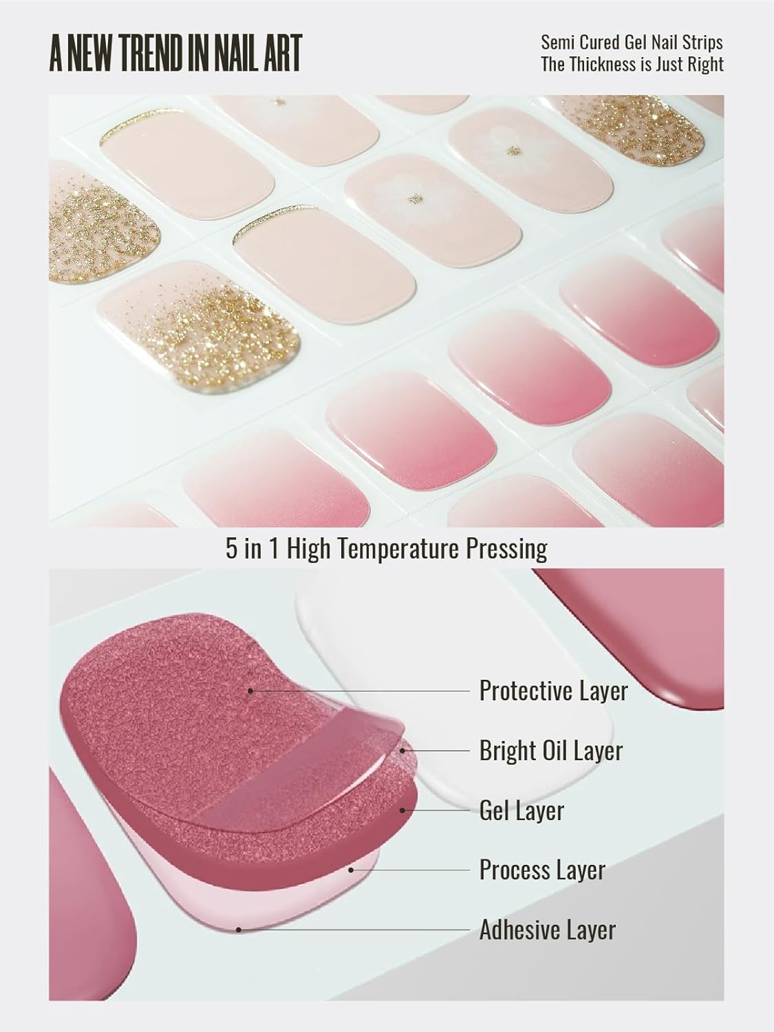 Semi Cured Gel Nail Strips, 30pcs Gel Nail Wraps, 2 Weeks Long Lasting