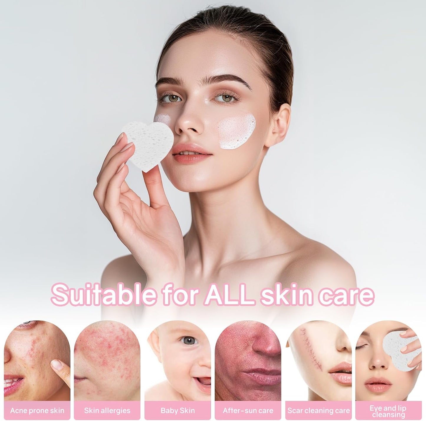 50-Count Heart Shape Compressed Facial Sponges,100% Natural Cellulose Face Sponge Spa Sponges for Removing Dead Skin, Dirt and Makeup(White)