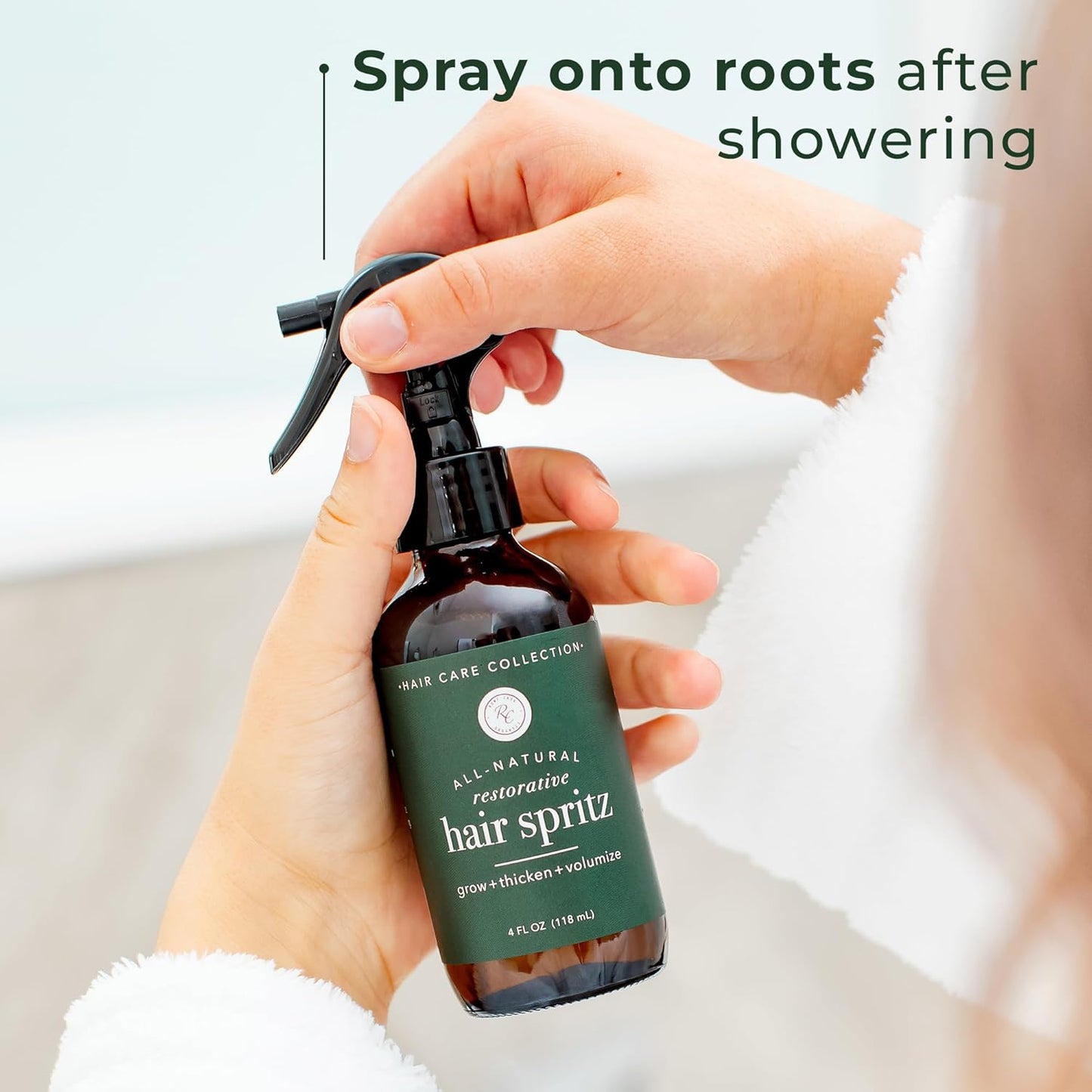 Rowe Casa Organics Natural Restorative Hair Spritz with Witch Hazel & Therapeutic Essential Oils, Hand-Crafted Hair Volumizer, Thickener, & Growth Booster, 4 Fl. Oz.