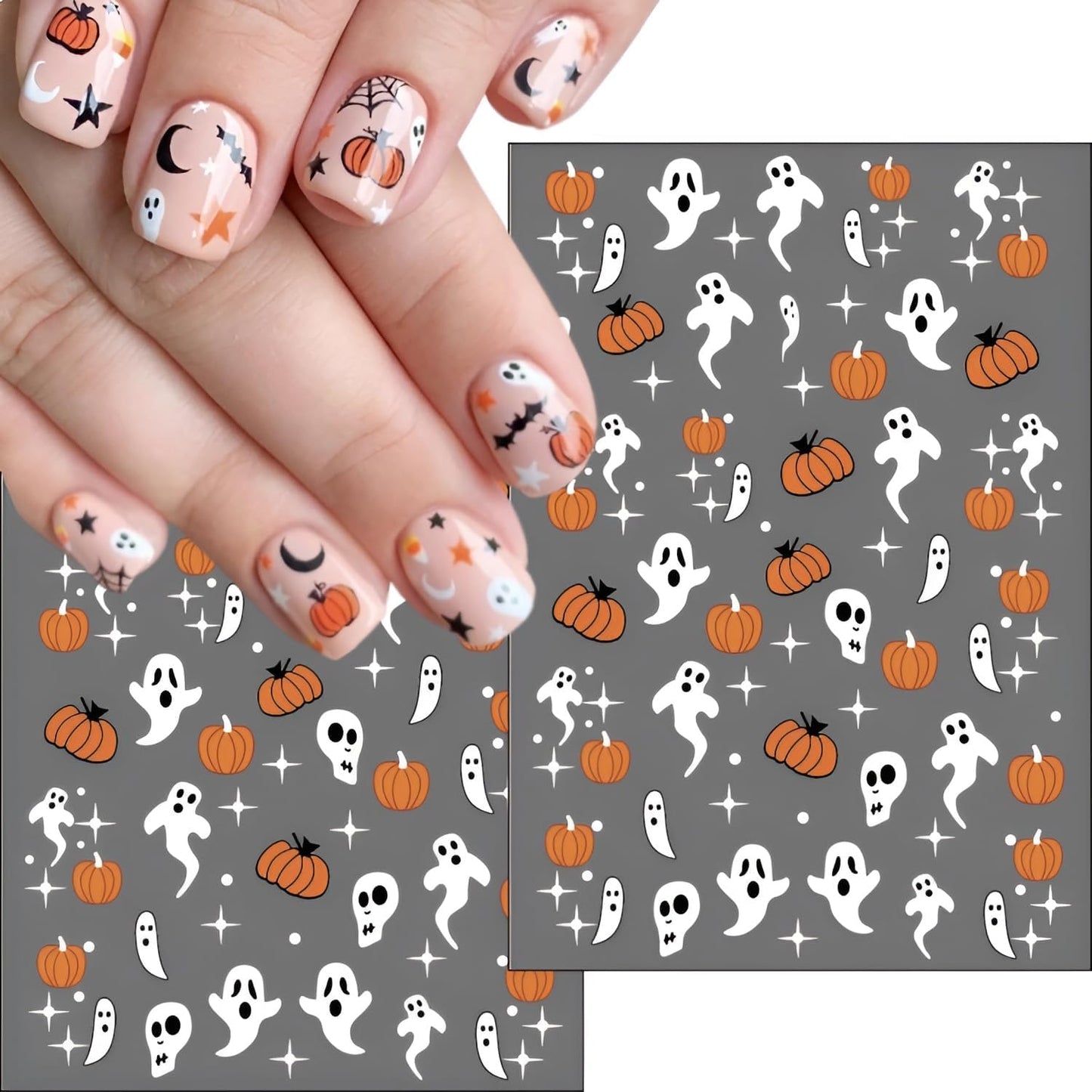12 Sheets Halloween Nail Stickers for Nail Art 3D Self Adhesive Mummy & Cute Ghost Nail Decals Halloween Nail Stickers with Spider Pumpkin Spider Web Nails Design Flower Nails Supplies for Women Girls