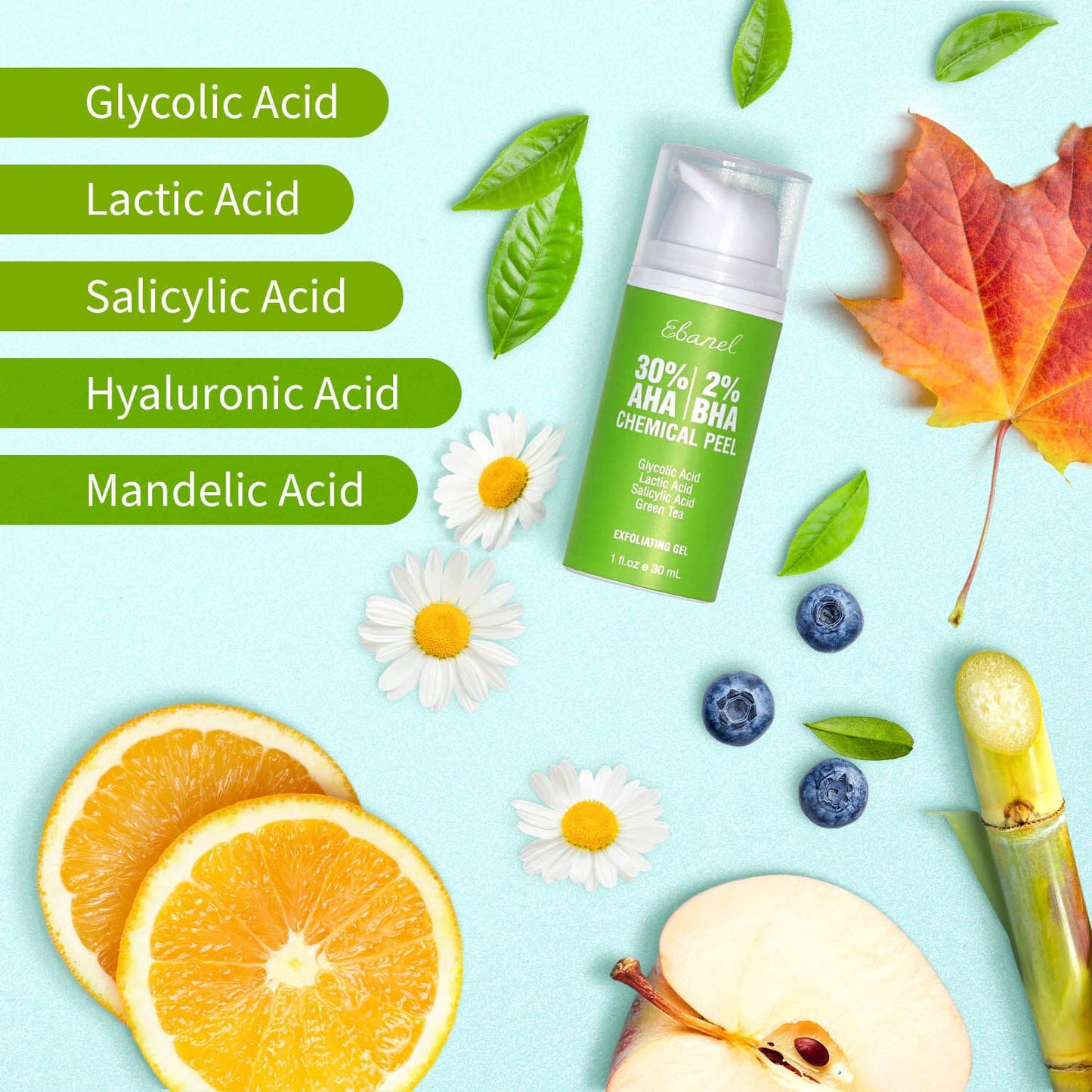 Ebanel Chemical Peel for Face, AHA BHA Exfoliator, Glycolic Acid Peel, Salicylic & Lactic Acid Face Peeling Gel, Infused with Green Tea & Chamomile for Acne Scars, Dark Spots, Wrinkles, Fine Lines