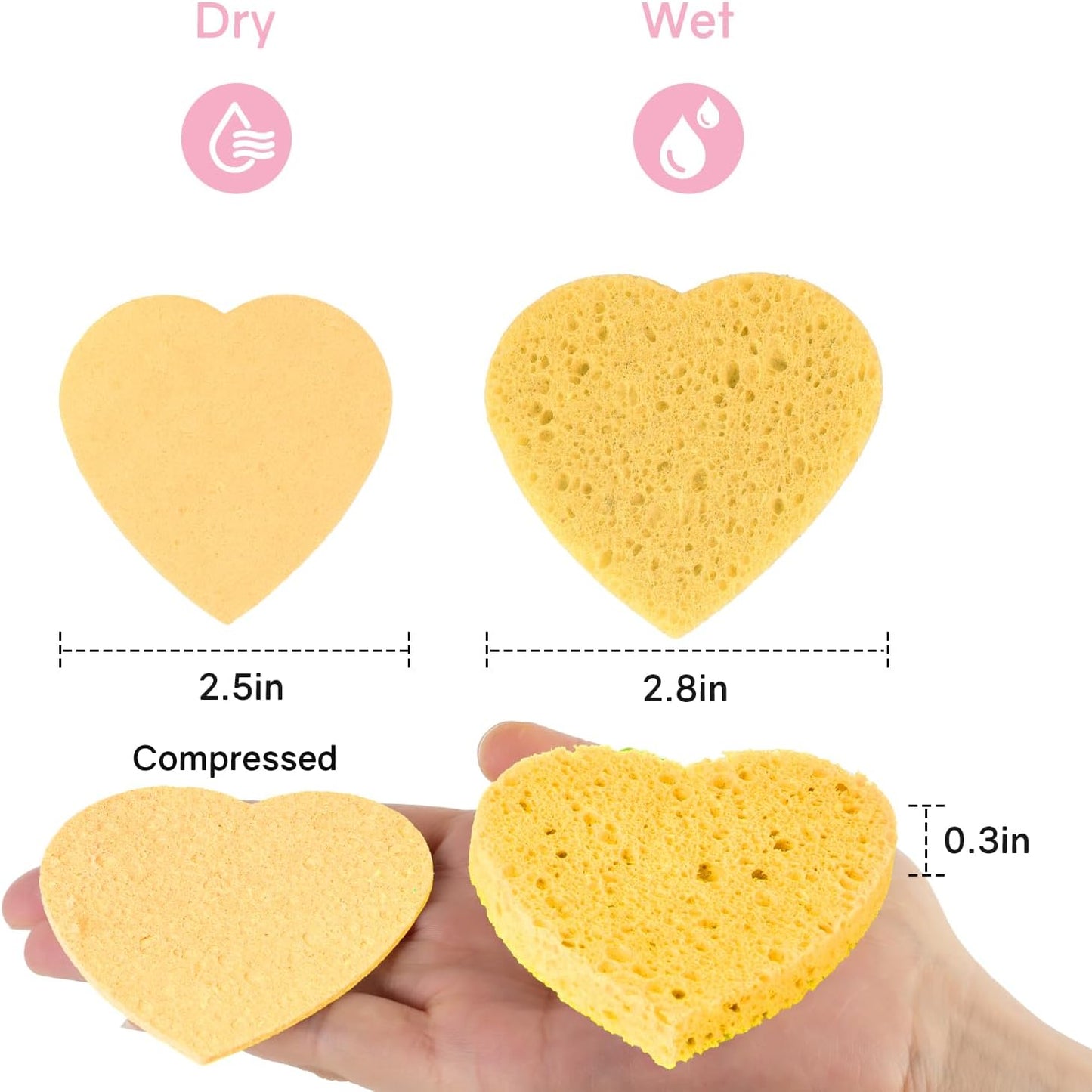 50-Count Heart Shape Compressed Facial Sponges,100% Natural Cellulose Face Sponge Spa Sponges for Removing Dead Skin, Dirt and Makeup(Yellow)