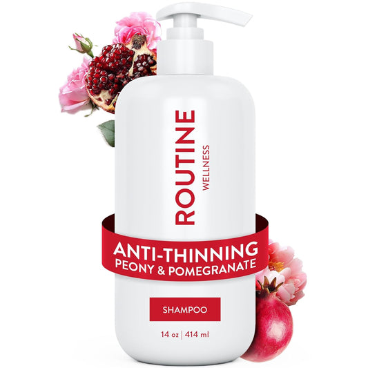Routine Wellness Anti-Thinning Shampoo for Thinning Hair - Biotin DHT Blocker Women & Men - Color Safe Shampoo for Hair Loss & Healthy Hair - Peony & Pomegranate 14oz