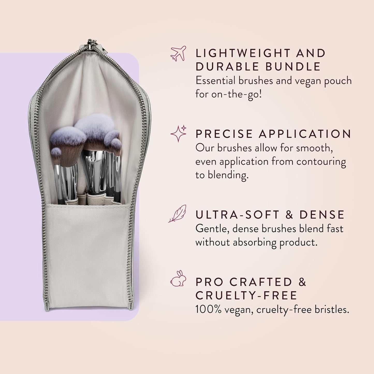 BK BEAUTY BRUSHES - ANGIE HOT & FLASHY Travel Brush Set with Pouch - Foundation Makeup Brushes - Brush for Liquid or Cream Foundations - Under-Eye Concealer | Bronzer, Blush & Highlighter Makeup Brush