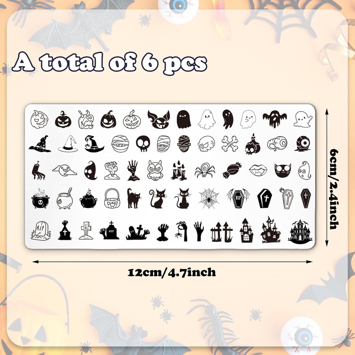 Whaline 6Pcs Halloween Nail Plates Stamping Set Pumpkin Ghost Bat Witch Stamp Templates Nail Art Plates for Trick or Treat Party DIY Print Manicure Salon Design