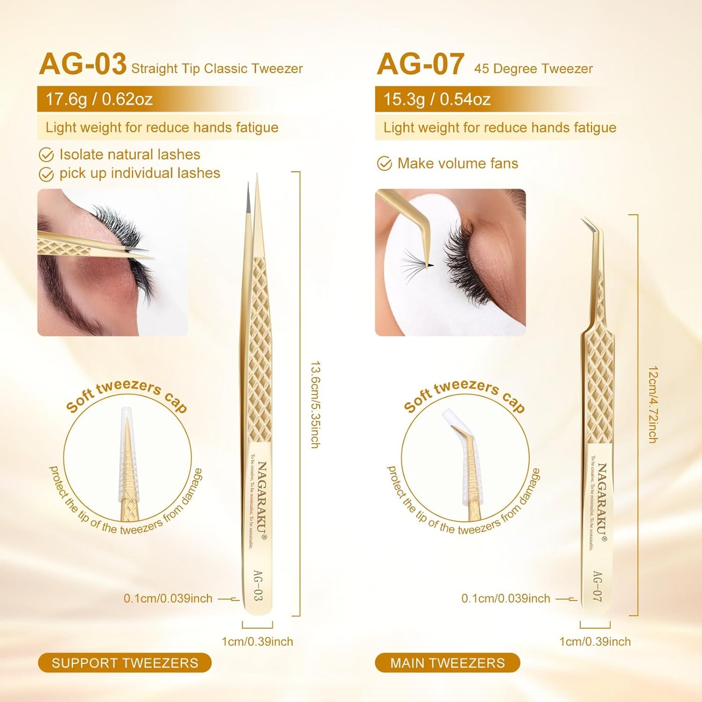 NAGARAKU 1 Pair Precision Fiber Tip Tweezer for Eyelash Extensions Professional Eyelash Tweezers Antistatic Straight & Curved Tip Tweezers with Box(Isolation & Volume Lash Tweezers AG-03 & AG-07)