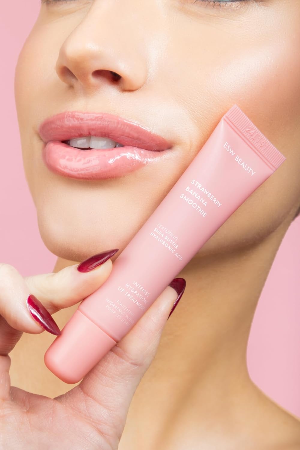 ESW Beauty Strawberry Banana Smoothie Lip Treatment - Soft Pink Nude Tint with Shea Butter, Hyaluronic Acid, Strawberry & Banana for Intense Hydration & Dryness Prevention