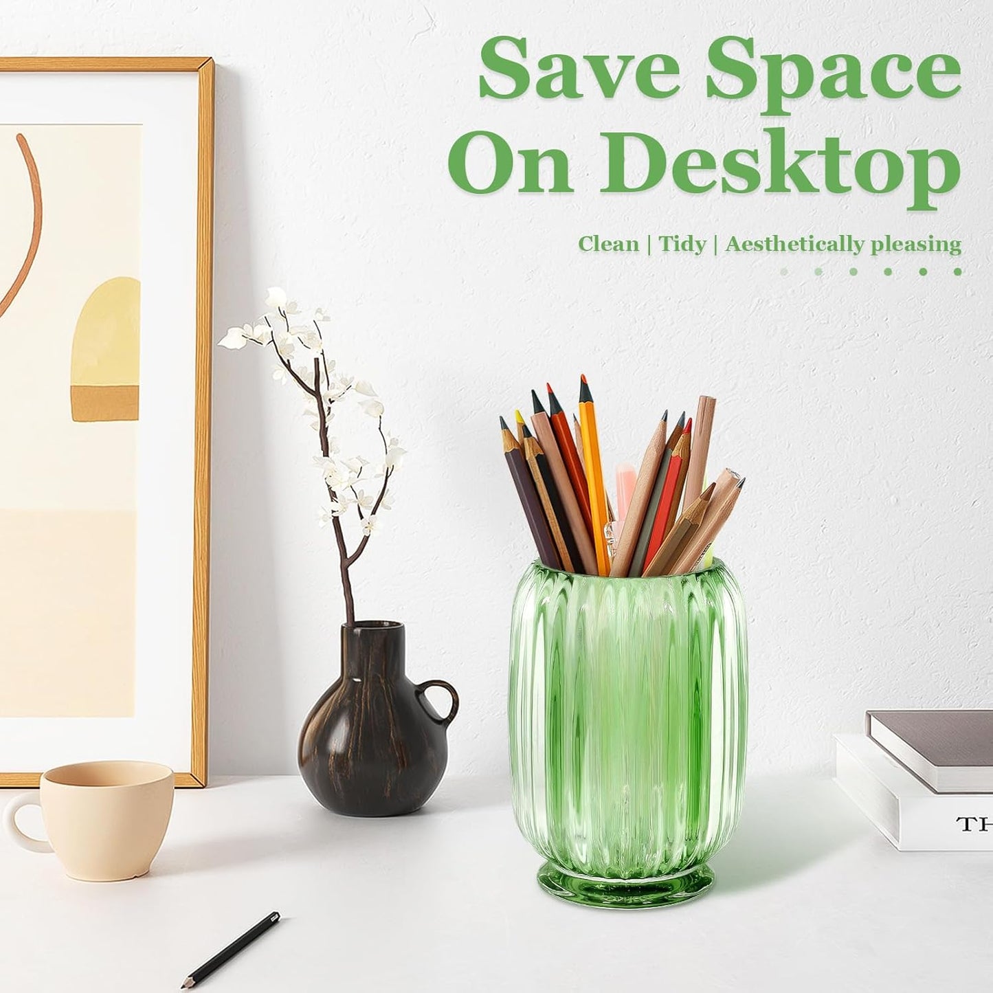 Makeup Brush Holder, Thick Glass Makeup Brush Organizer Cup, 4.8" Tall for Vanity Hair Brush Holder Brushes Storage, Makeup Brush Holder Organizer organizador de brochas de maquillaje Crystal Green